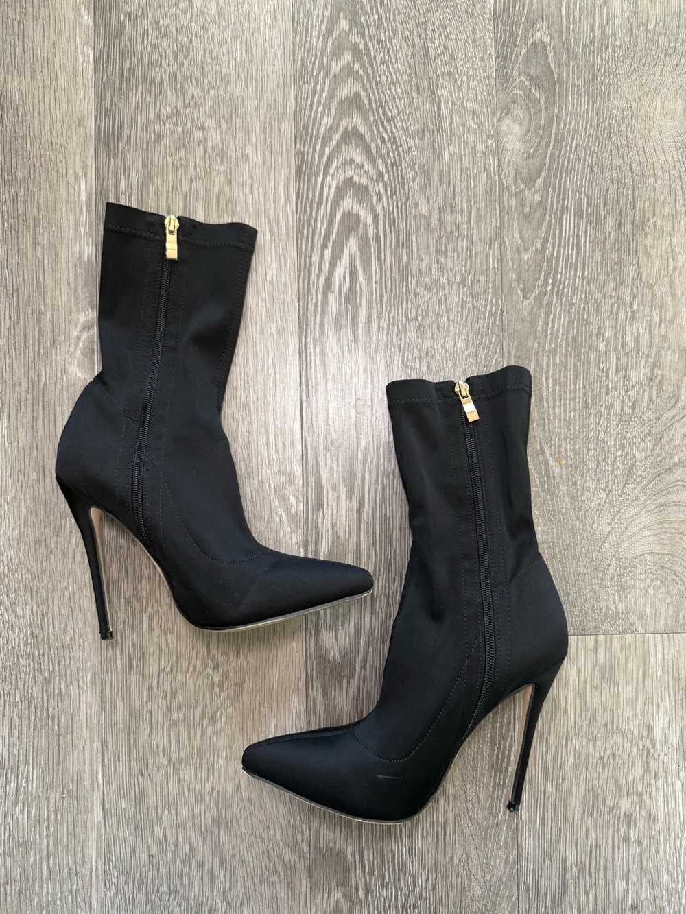 Women's Black High Stiletto Sock Boots with Gold Zip